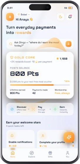 Orood consumer app home screen showing points balance, tier progress and nearby merchant offers